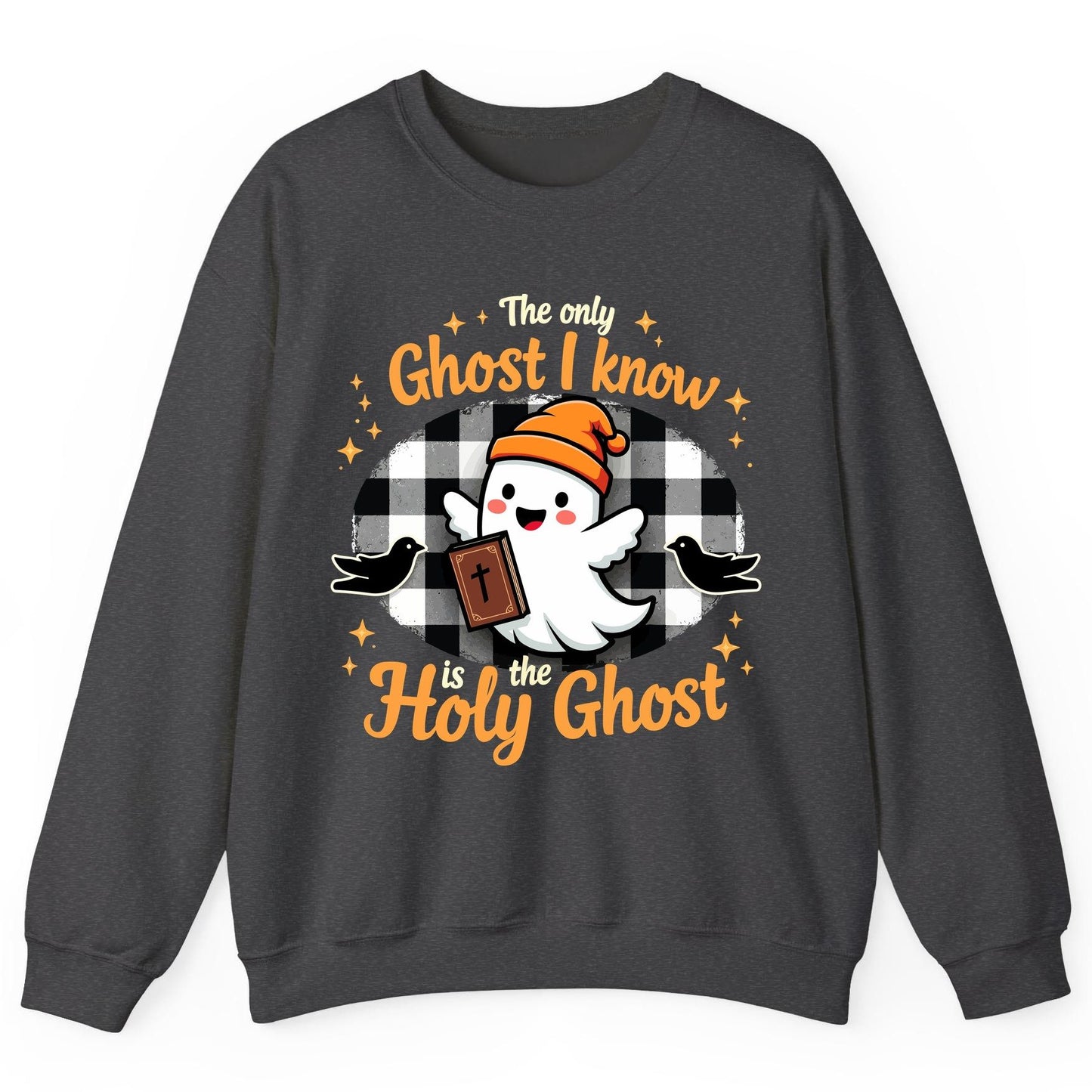 The Only Ghost I Know Is the Holy Ghost christian Halloween Sweatshirt Dark Heather product mockup