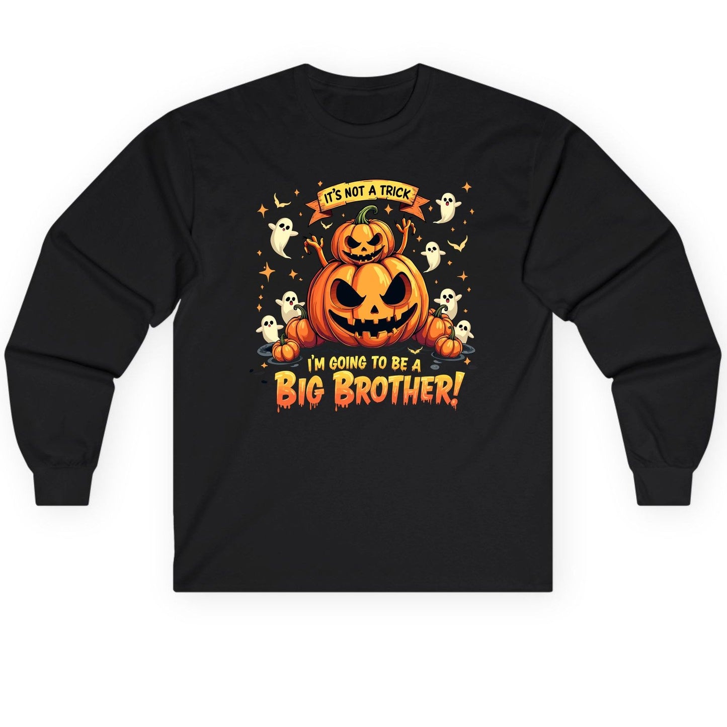 It's Not a Trick I'm Going to Be a Big Brother! Halloween big brother announcement Long Sleeve Tee Black product mockup