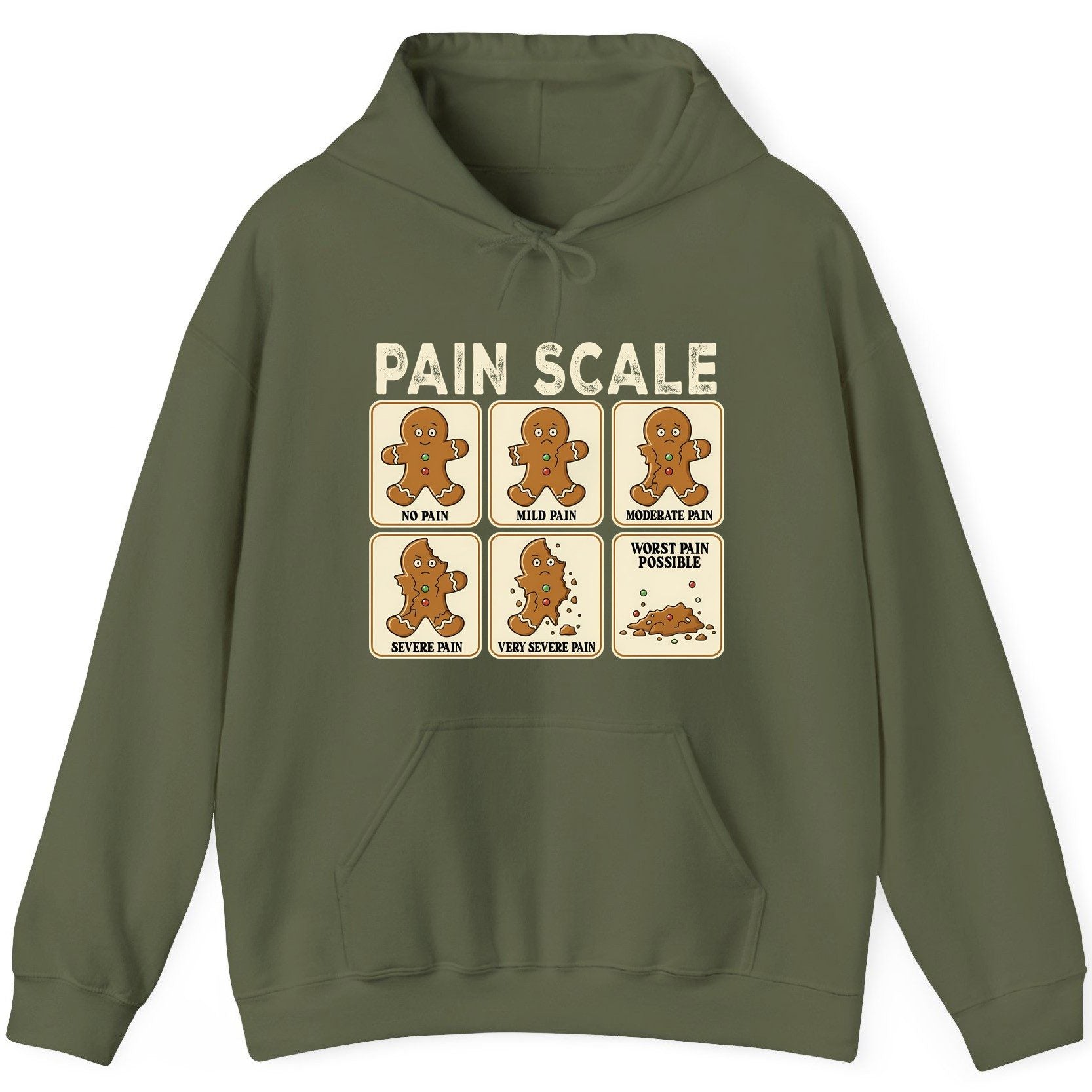 Pain Scale gingerbread man pain scale Hoodie Military Green product mockup