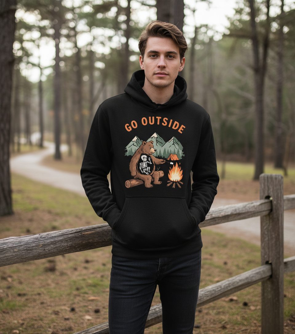 Go Outside funny bear Hoodie Black lifestyle mockup
