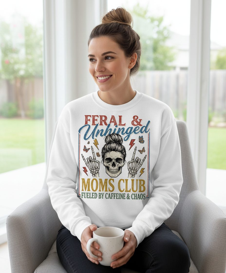 FERAL & Unhinged MOMS CLUB FUELED BY Caffeine & CHAOS Sweatshirt - lifestyle model mockup - White