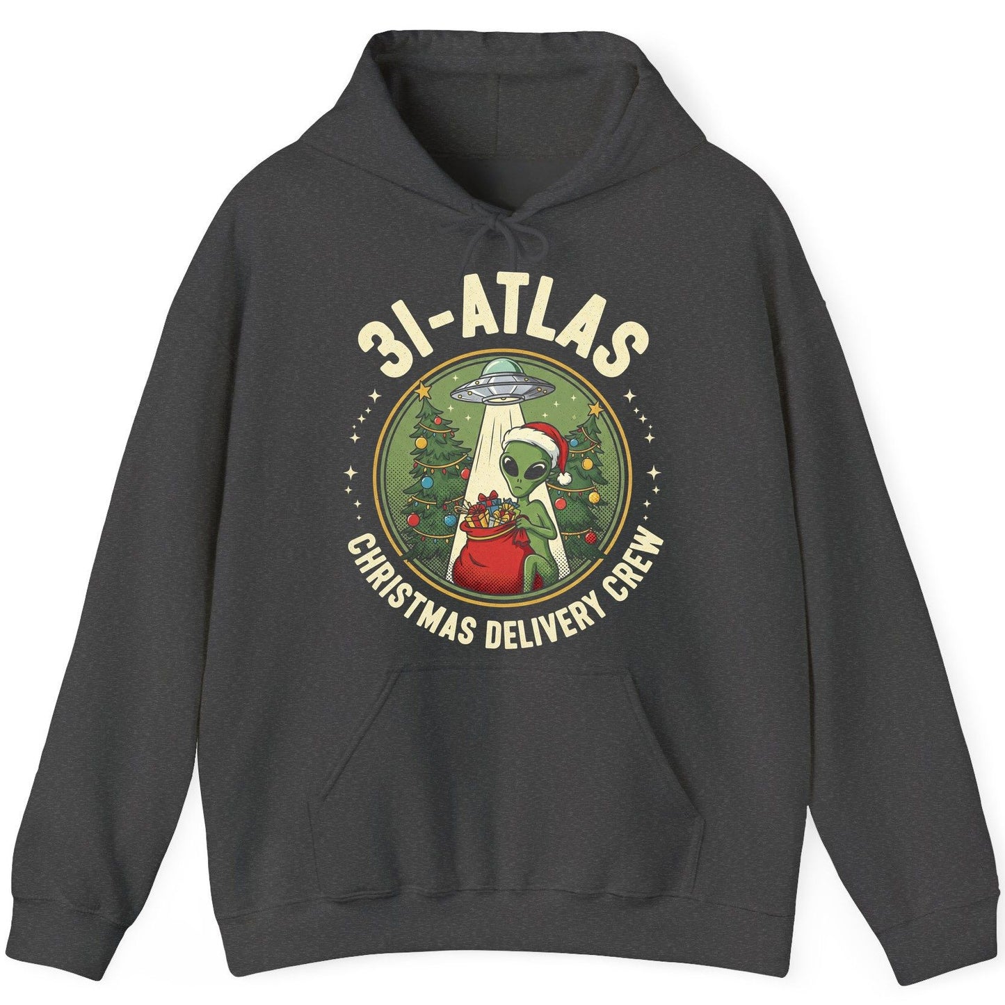 31-Atlas Christmas Delivery Crew alien Christmas Hoodie Dark Heather product mockup