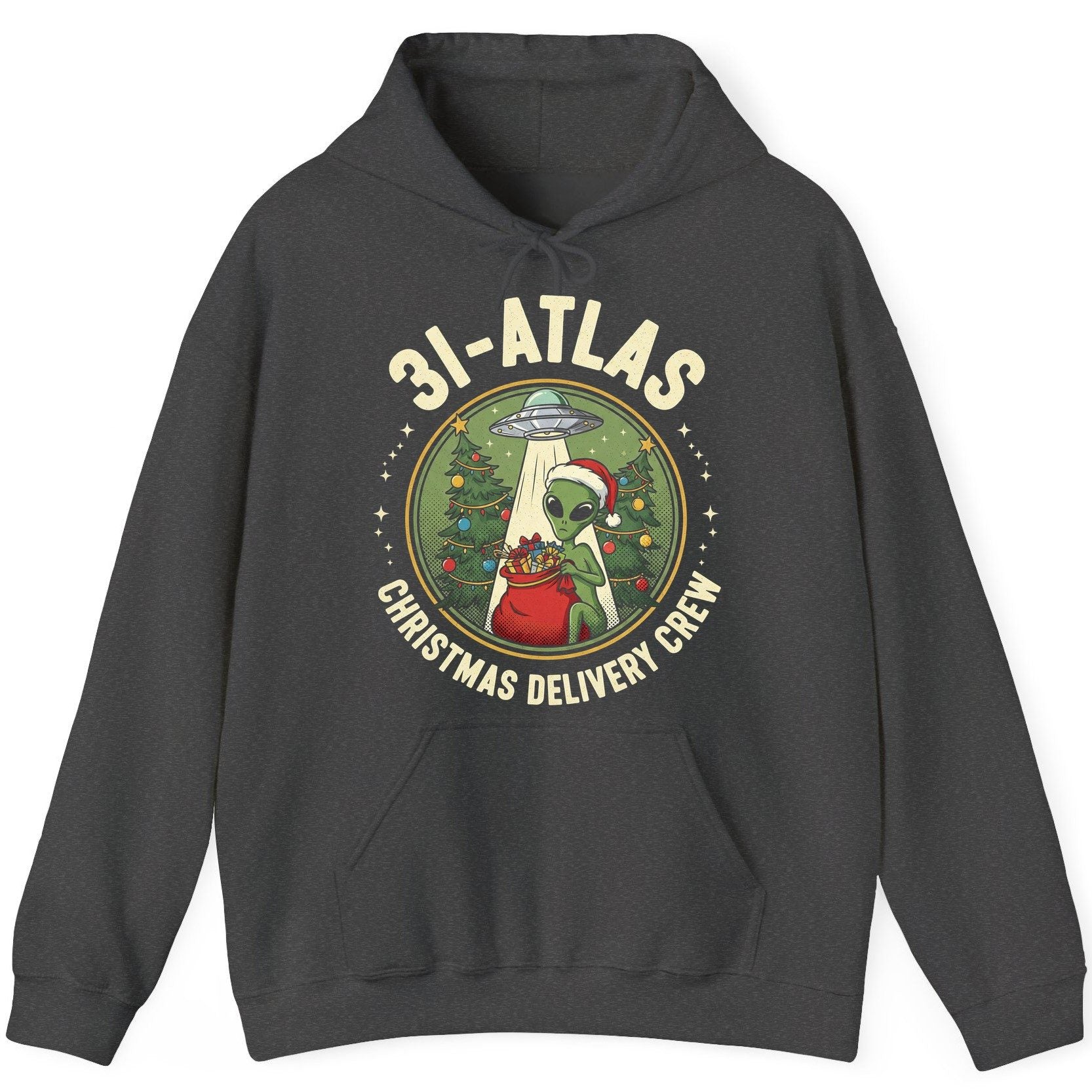31-Atlas Christmas Delivery Crew alien Christmas Hoodie Dark Heather product mockup