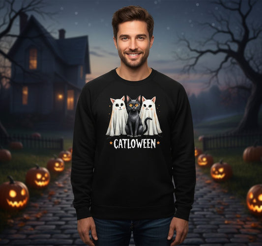 Catloween Halloween cats Sweatshirt Black lifestyle mockup