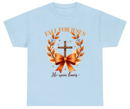 Fall for Jesus He Never Leaves christian faith Youth T-Shirt Light Blue product mockup