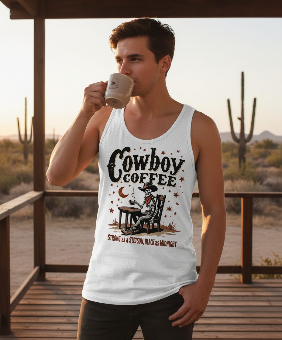 Cowboy Coffee Strong as a Stetson, Black as Midnight cowboy skeleton Tank Top White lifestyle mockup