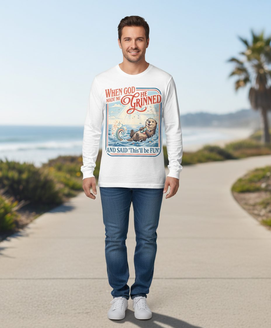 When God Made Me He Grinned and Said 'This'll Be FUN' Long Sleeve Tee - lifestyle model mockup - White