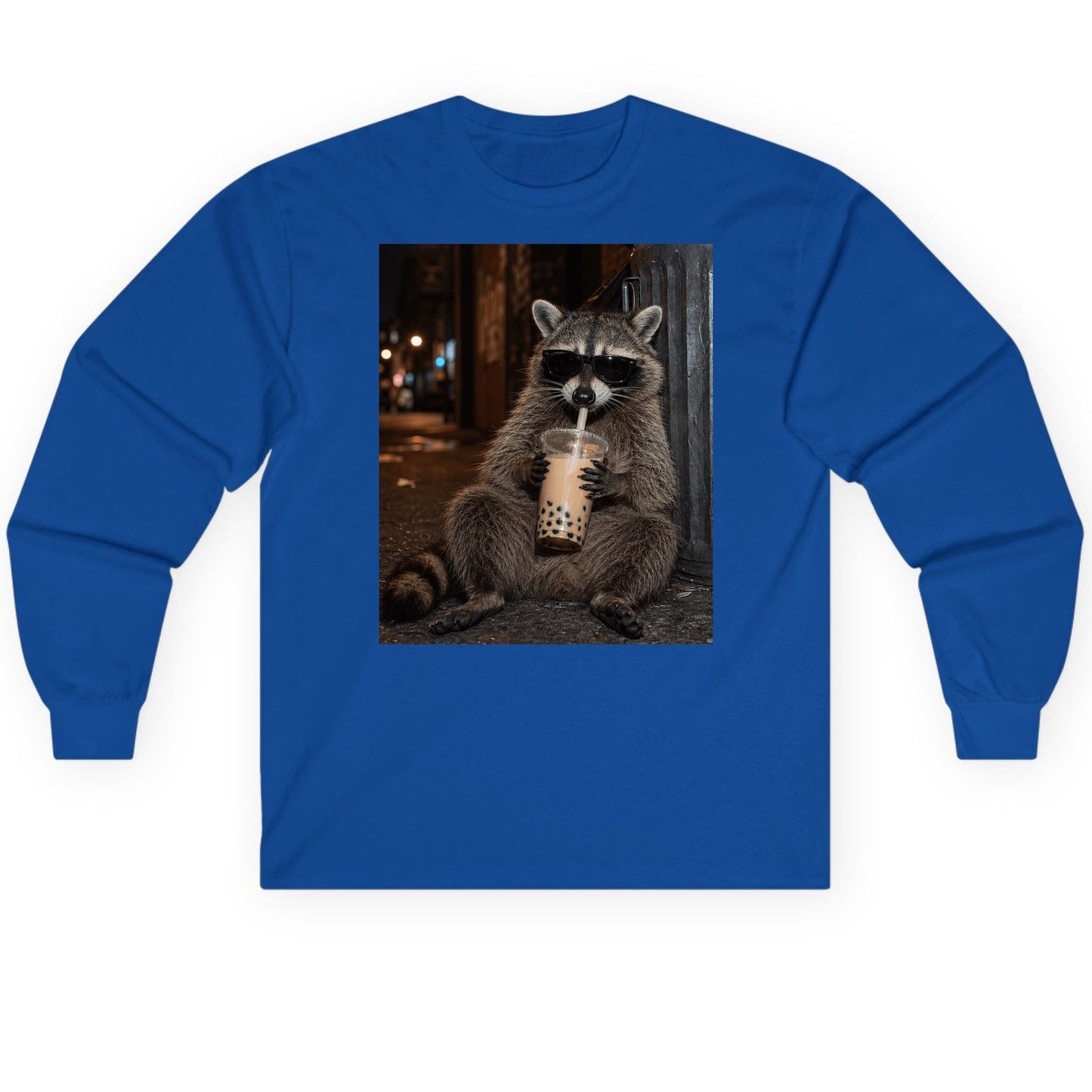 Cool Raccoon Bubble Tea Funny Lovers Long Sleeve Tee - product mockup - Royal