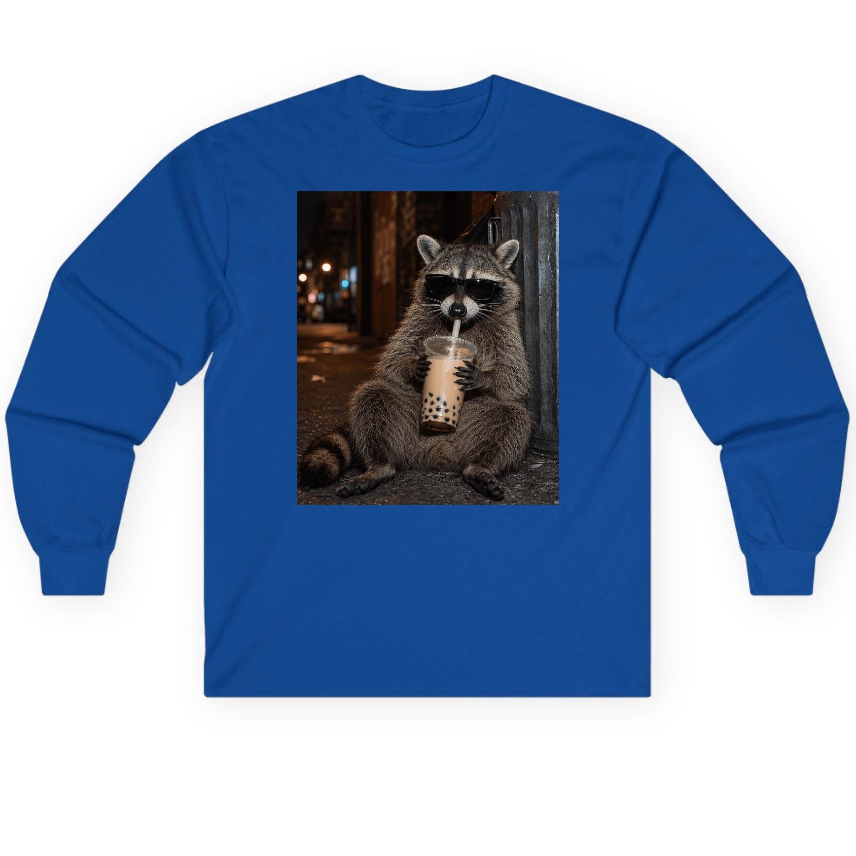 Cool Raccoon Bubble Tea Funny Lovers Long Sleeve Tee - product mockup - Royal