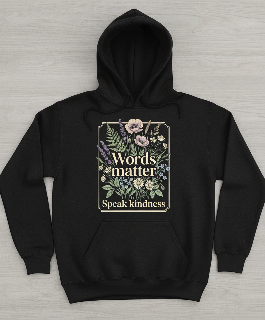 Words Matter Speak Kindness Botanical Floral Illustration Hoodie - Black