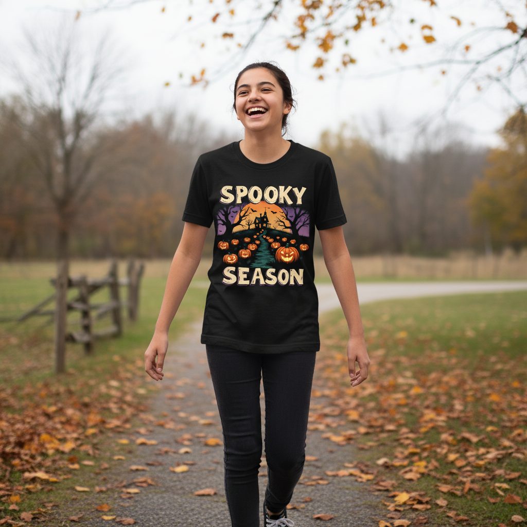 Spooky Season Halloween Youth T-Shirt Black lifestyle mockup