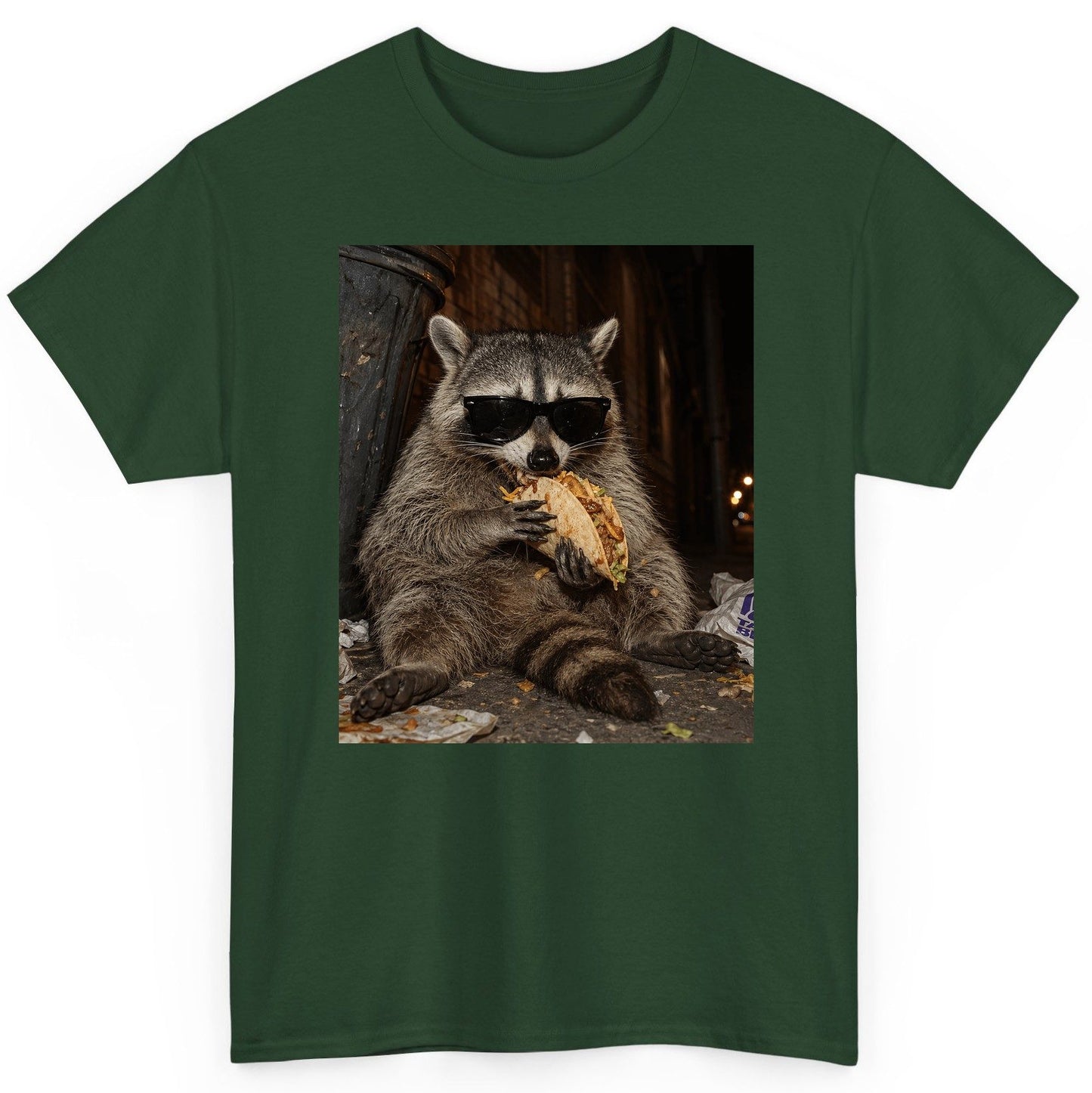Raccoon Eating Taco Funny Animal Lovers T-Shirt - product mockup - Forest Green
