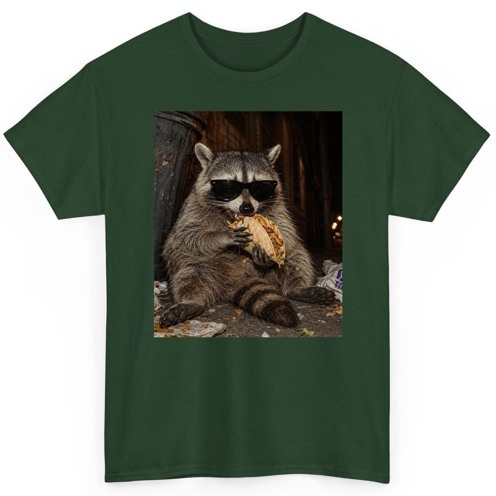 Raccoon Eating Taco Funny Animal Lovers T-Shirt - product mockup - Forest Green
