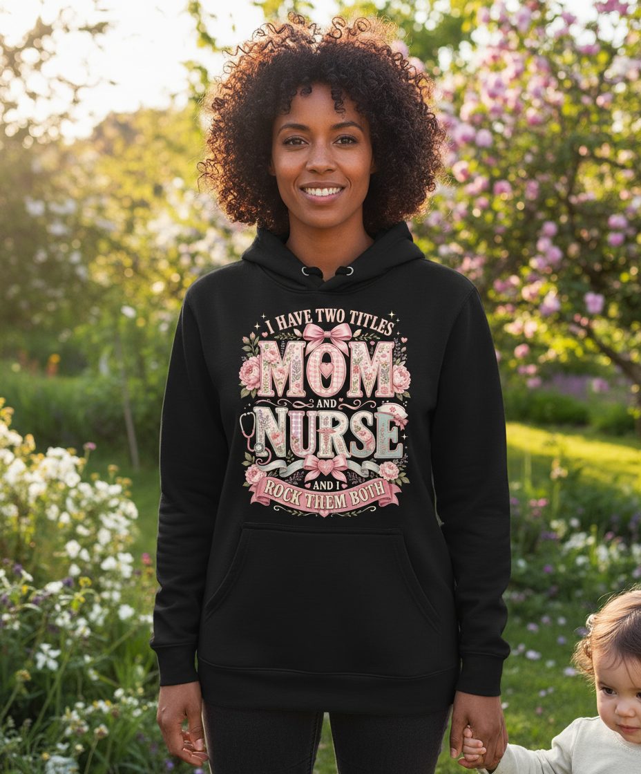 I Have Two Titles Mom and Nurse and I Rock Them Both Hoodie - lifestyle model mockup - Black