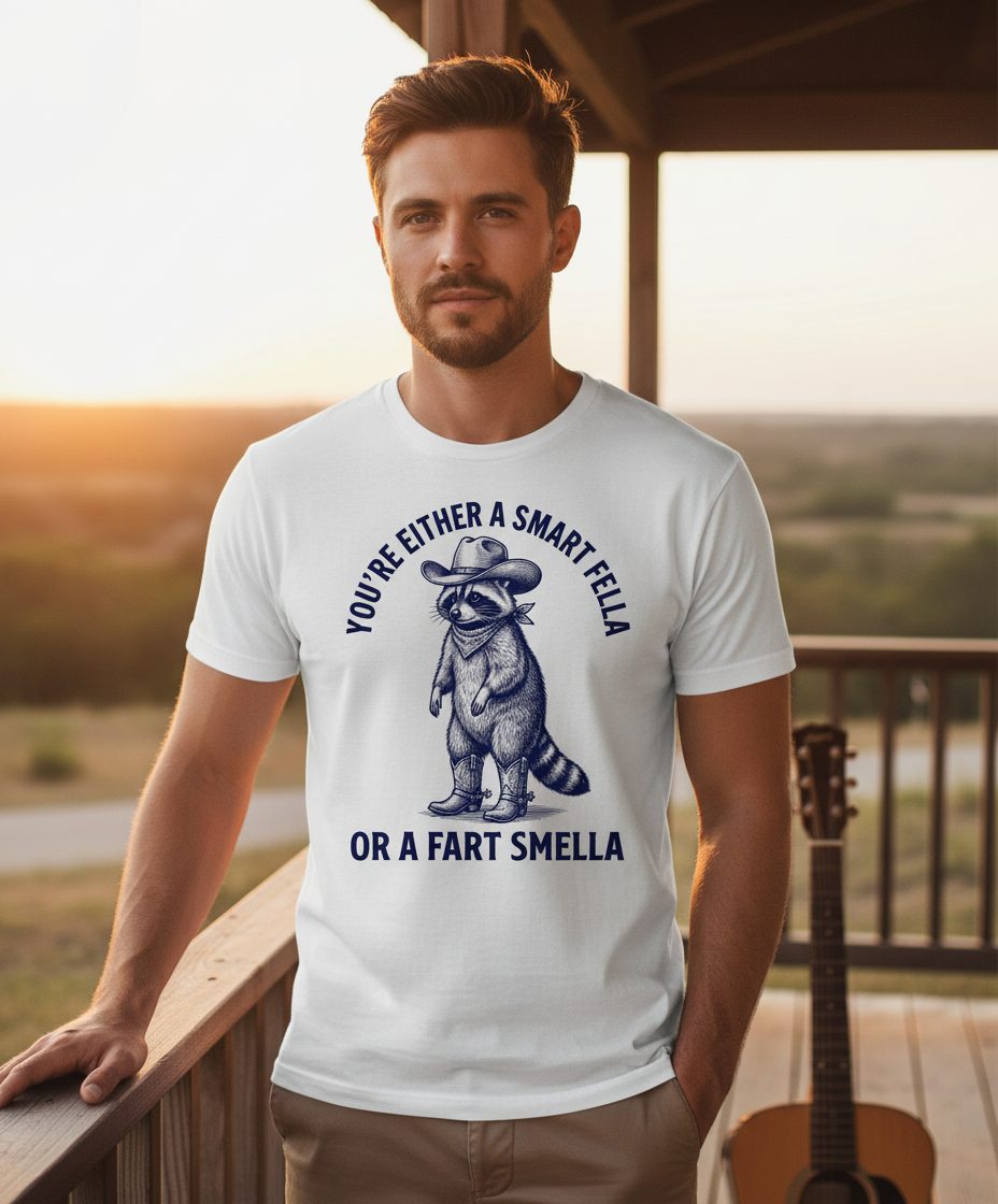 You're Either a Smart Fella or a Fart Smella cowboy raccoon T-Shirt White lifestyle mockup