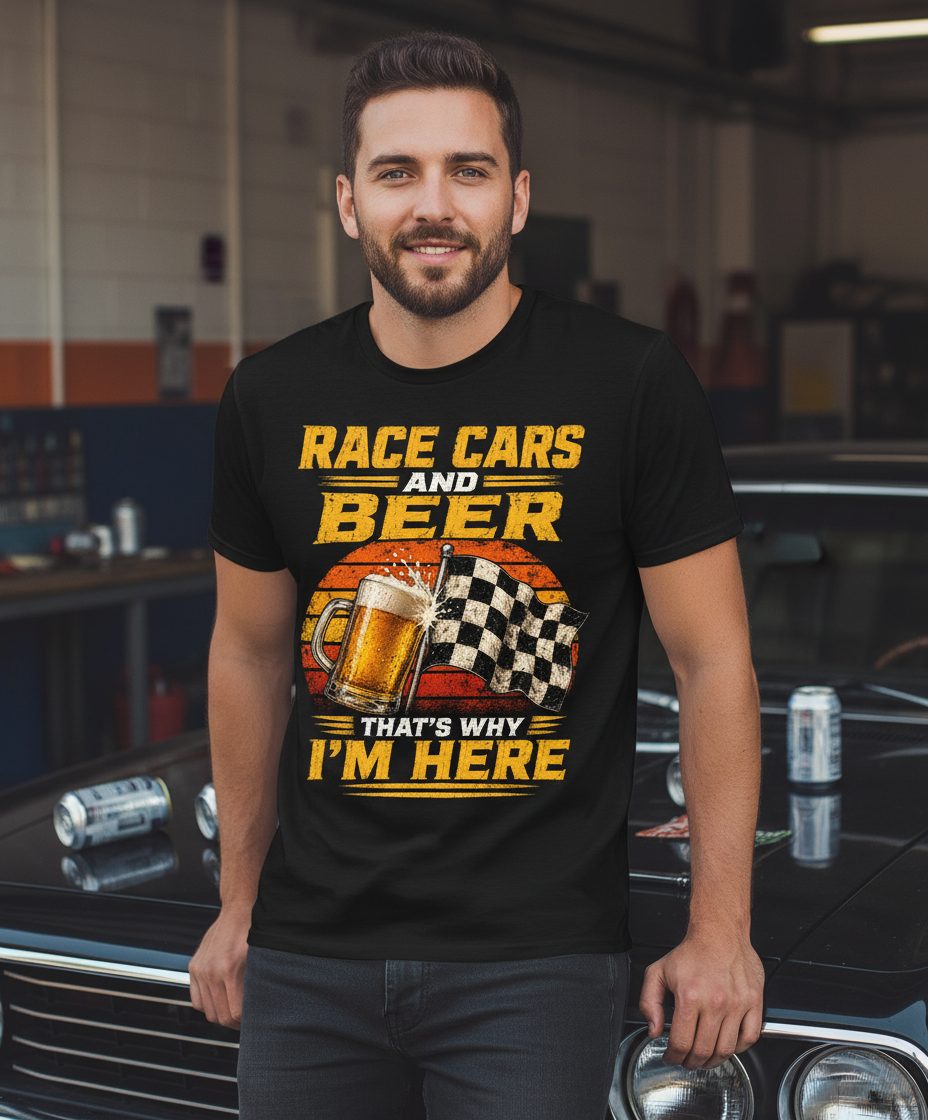 Race Cars and Beer That's Why I'm Here Funny Racing T-Shirt - lifestyle model mockup - Black