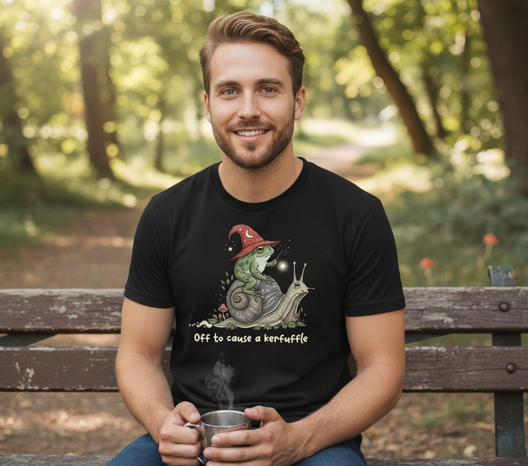 Off to Cause a Kerfuffle wizard frog T-Shirt Black lifestyle mockup