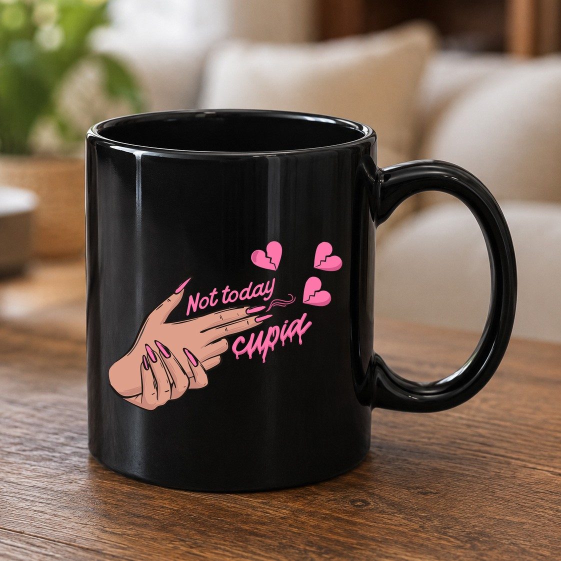 Not Today Cupid anti-Valentine's Day Black Mug Black product mockup