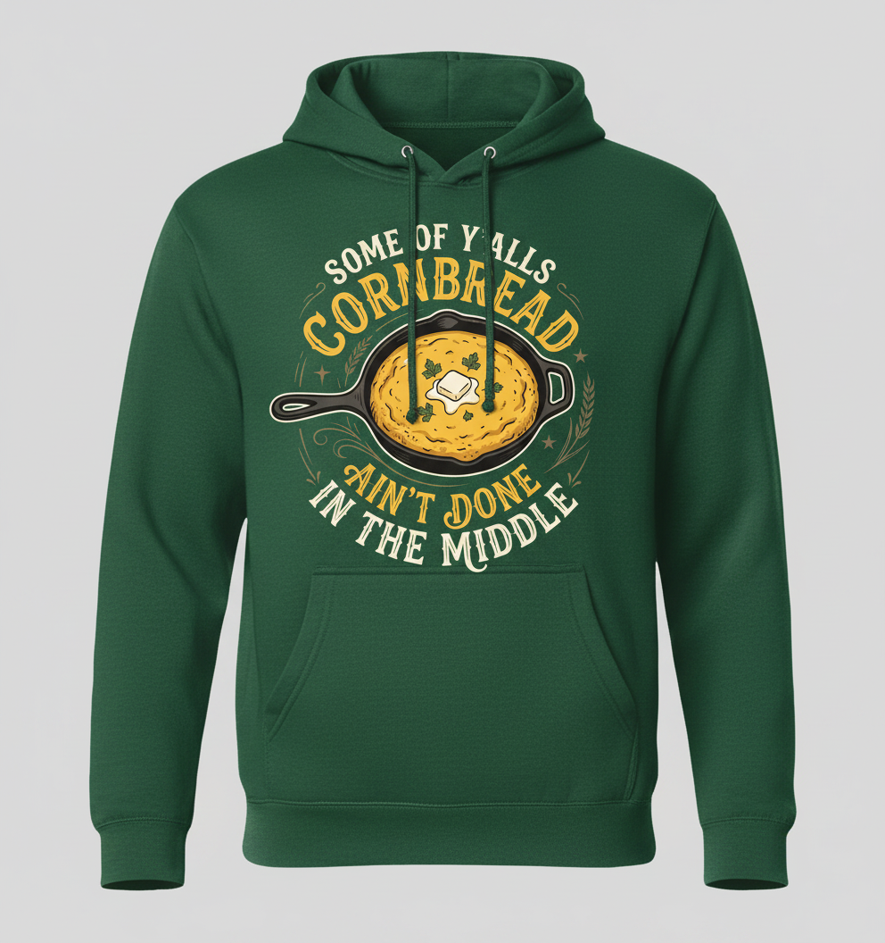 Funny Southern Saying Cornbread Ain't Done In The Middle Hoodie - Forest Green