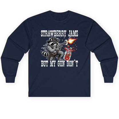 Strawberry Jams but My Gun Don't raccoon Long Sleeve Tee Navy product mockup