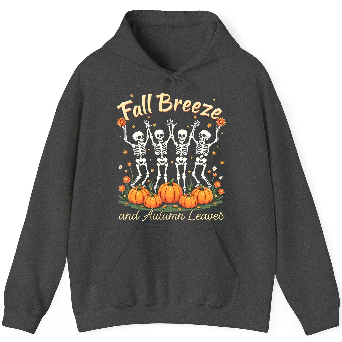 Fall Breeze and Autumn Leaves dancing skeletons Hoodie Dark Heather product mockup