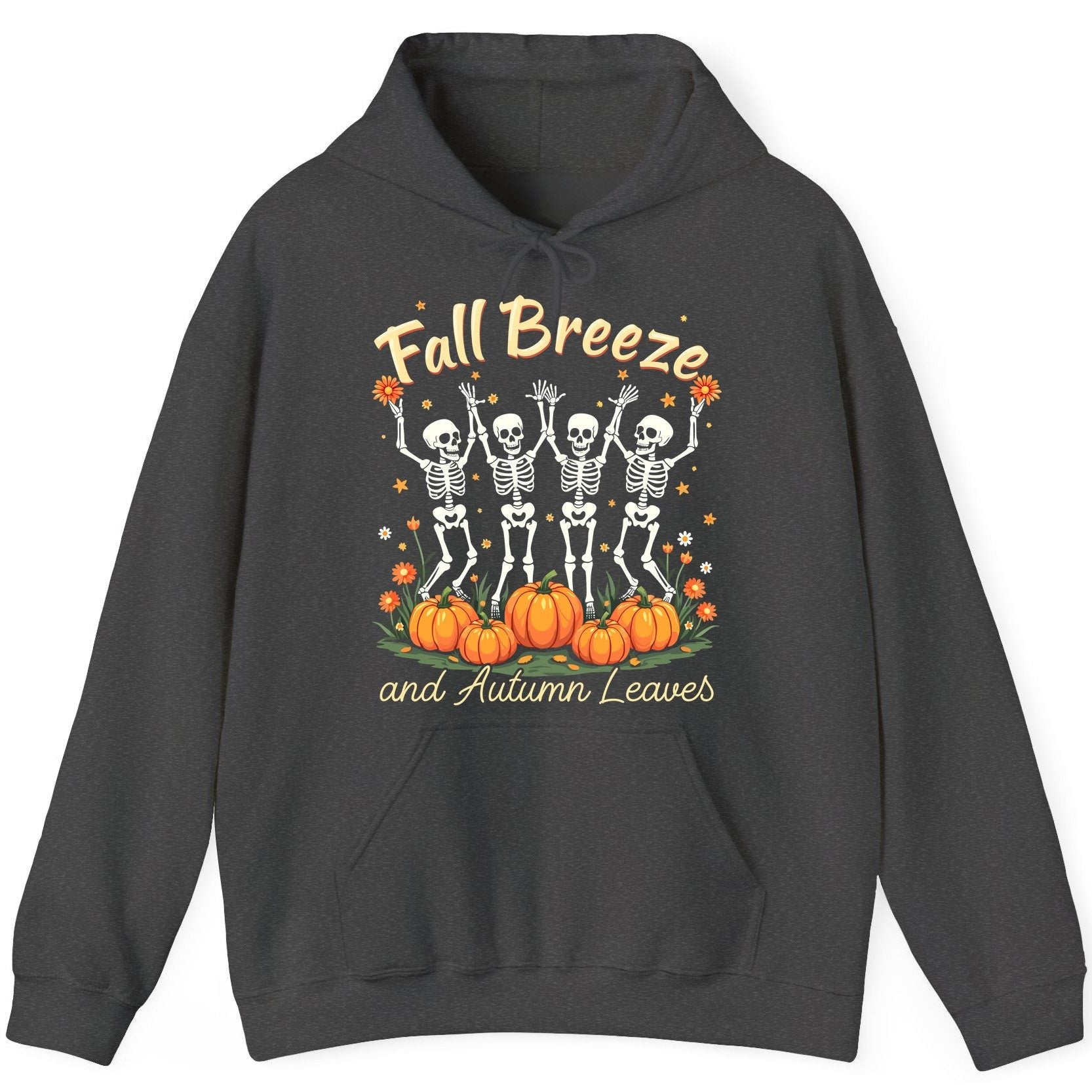 Fall Breeze and Autumn Leaves dancing skeletons Hoodie Dark Heather product mockup