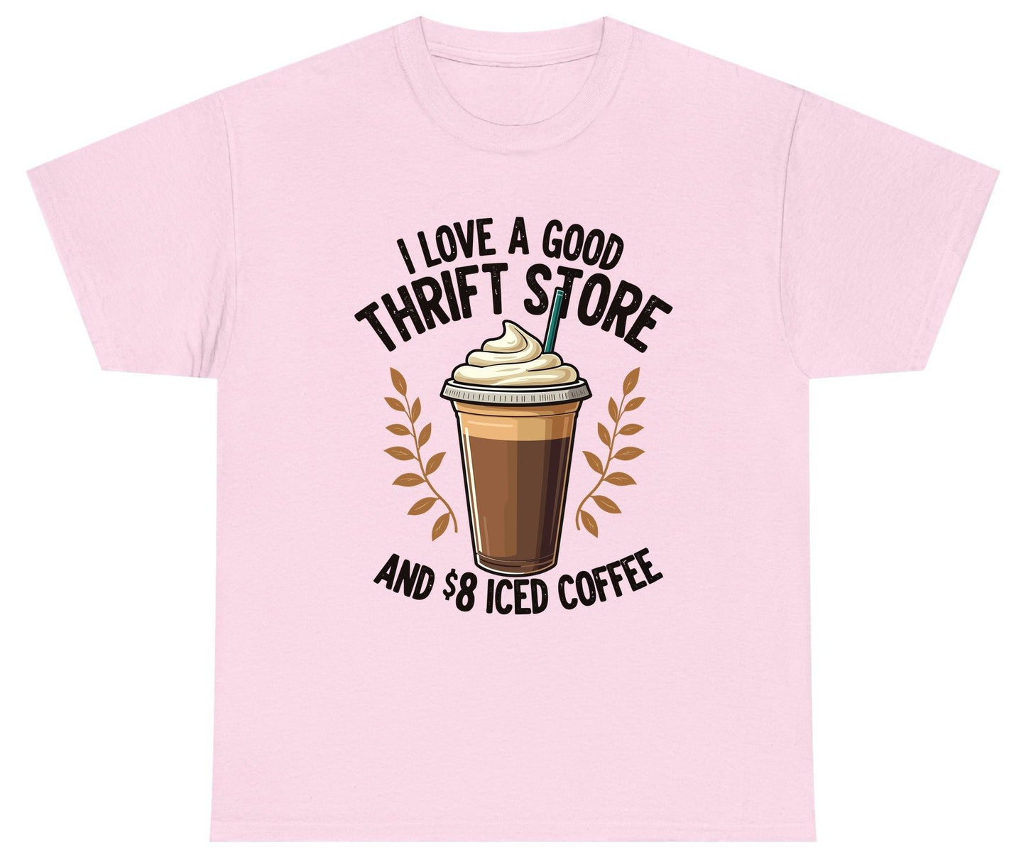 I Love a Good Thrift Store and 8 Iced Coffee coffee and thrifting Youth T-Shirt Light Pink product mockup