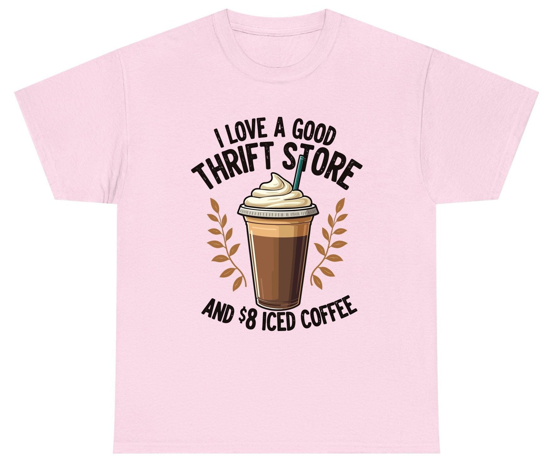 I Love a Good Thrift Store and 8 Iced Coffee coffee and thrifting Youth T-Shirt Light Pink product mockup