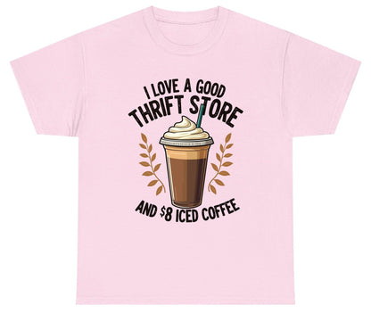 I Love a Good Thrift Store and 8 Iced Coffee coffee and thrifting Youth T-Shirt Light Pink product mockup