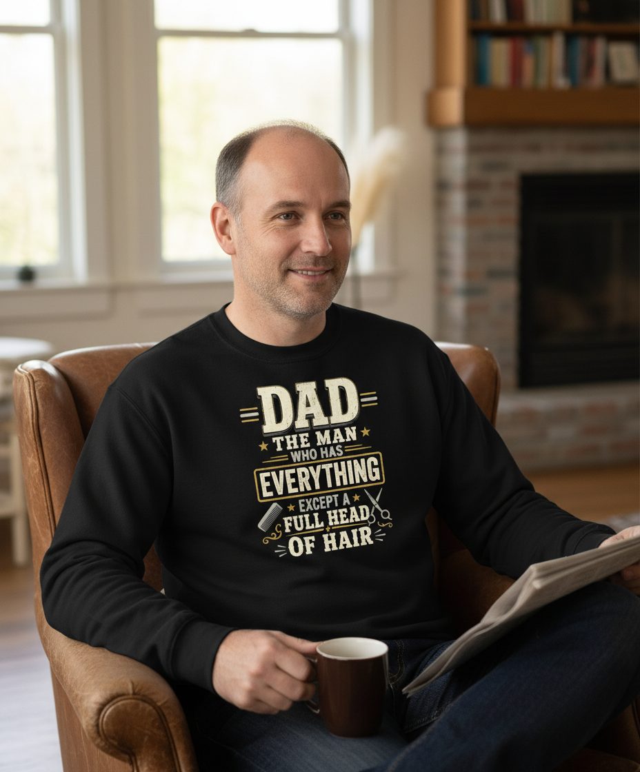 Dad the Man Who Has Everything Except a Full Head of Hair Funny Sweatshirt - lifestyle model mockup - Black