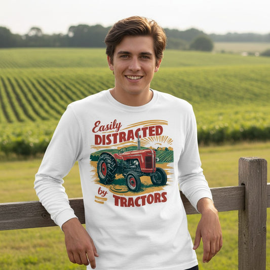 Easily Distracted by Tractors vintage tractor Long Sleeve Tee White lifestyle mockup