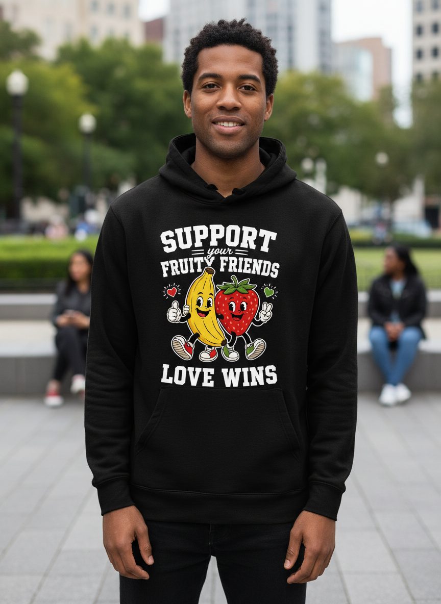 Support Your Fruity Friends Love Wins Retro Lgbtq Pride Hoodie - lifestyle model mockup - Black