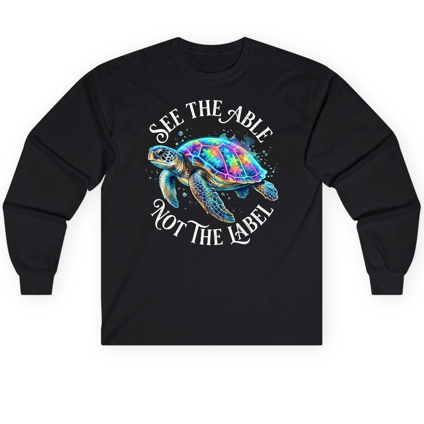 See the Able Not the Label Autism Awareness Long Sleeve Tee - product mockup - Black