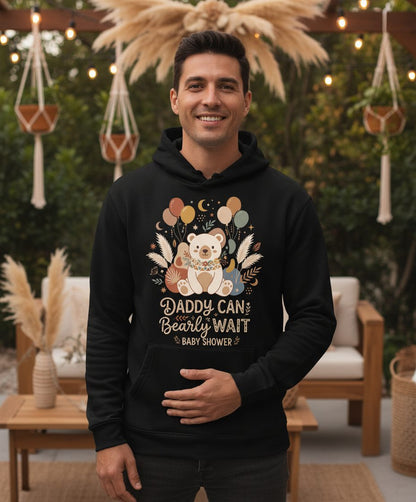Daddy Can Bearly Wait Baby Shower Hoodie - lifestyle model mockup - Black