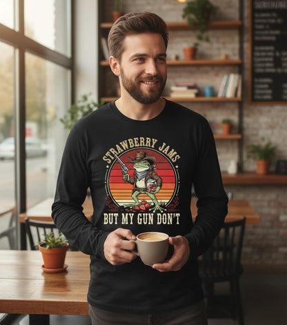 Strawberry Jams but My Gun Don't cowboy frog Long Sleeve Tee Black lifestyle mockup