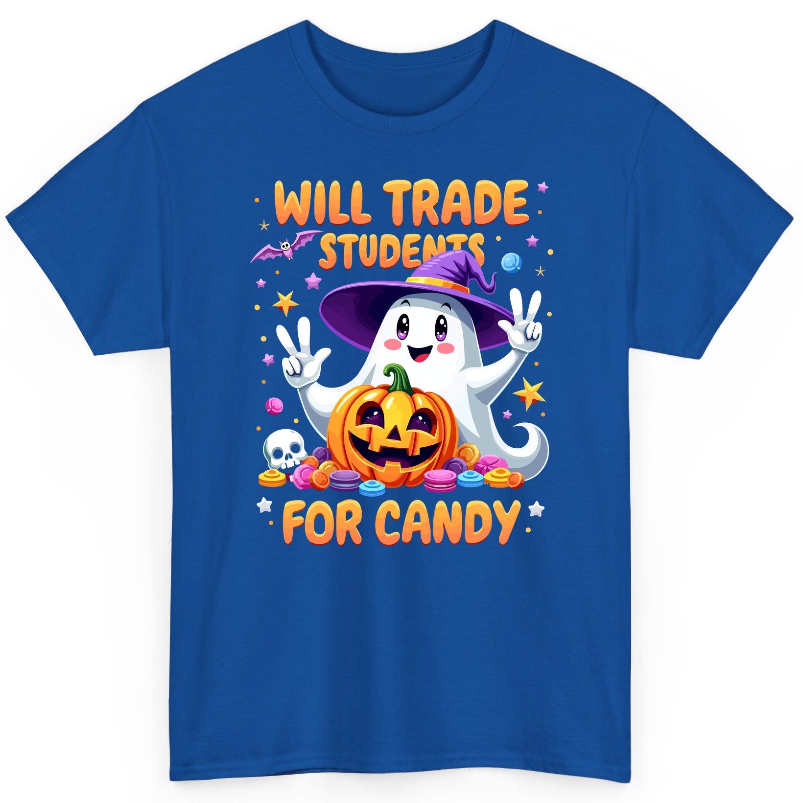 Will Trade Students for Candy teacher Halloween T-Shirt Royal product mockup