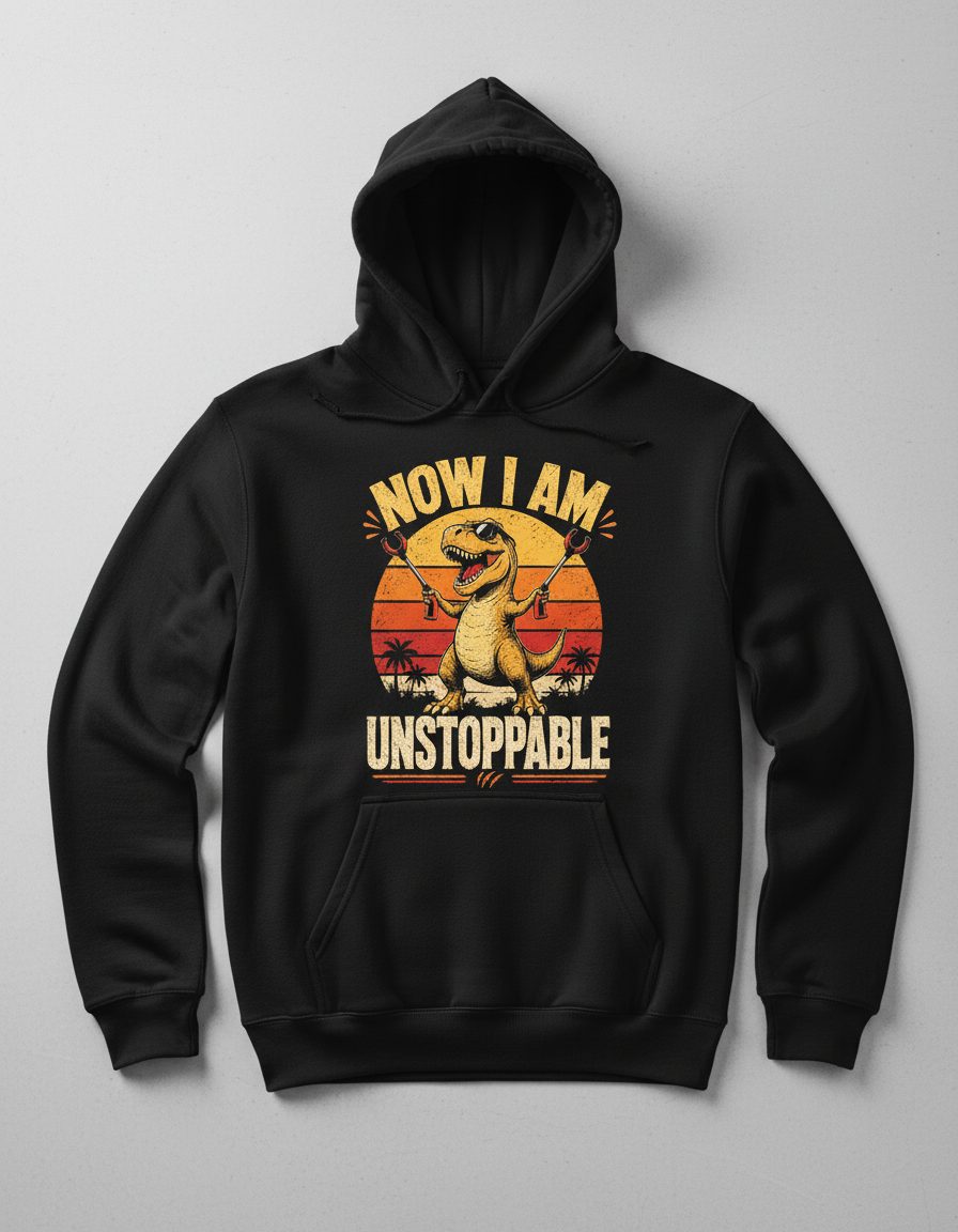 Now I Am Unstoppable Funny T-Rex Hoodie - product mockup - Black