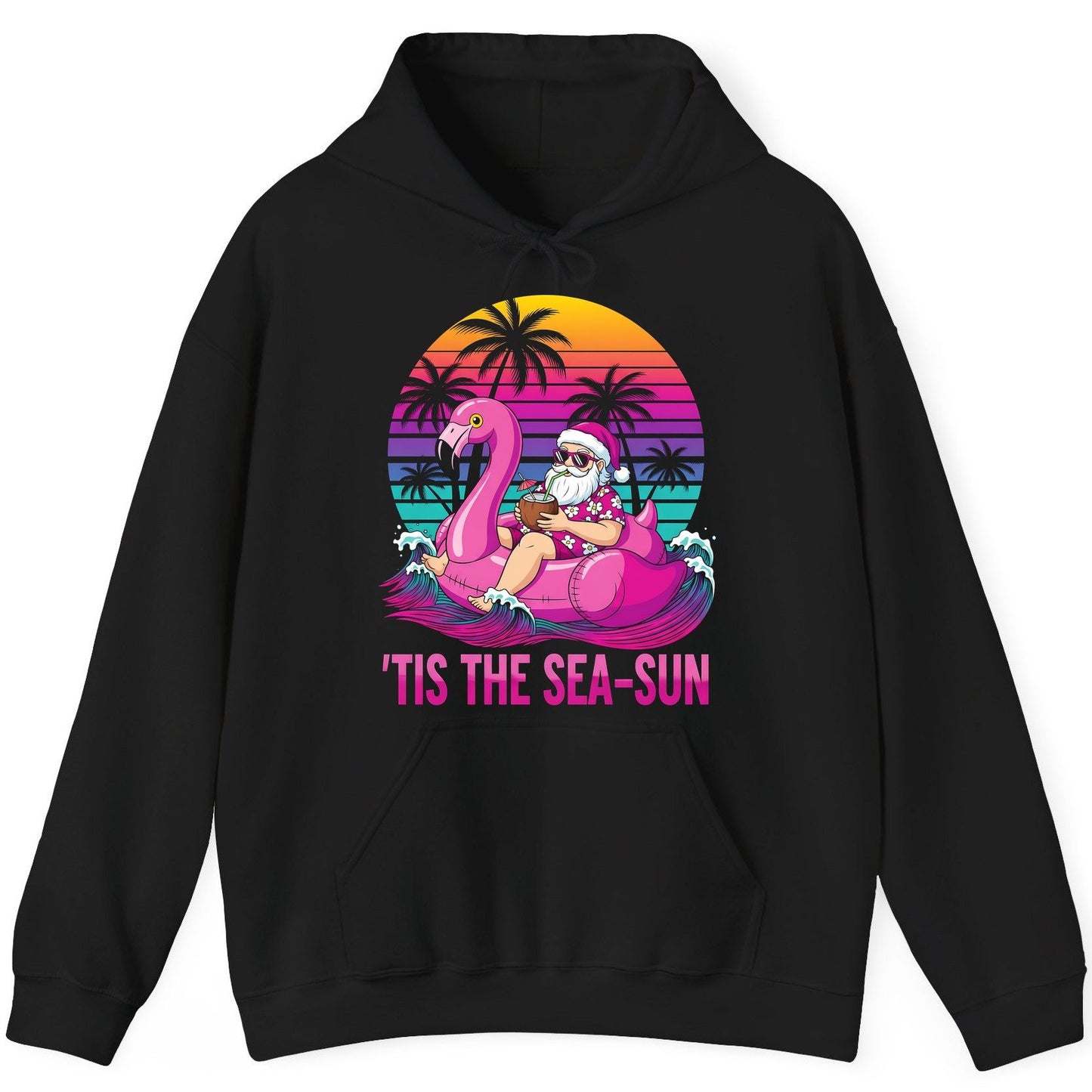 'Tis the Sea-Sun tropical santa claus Hoodie Black product mockup