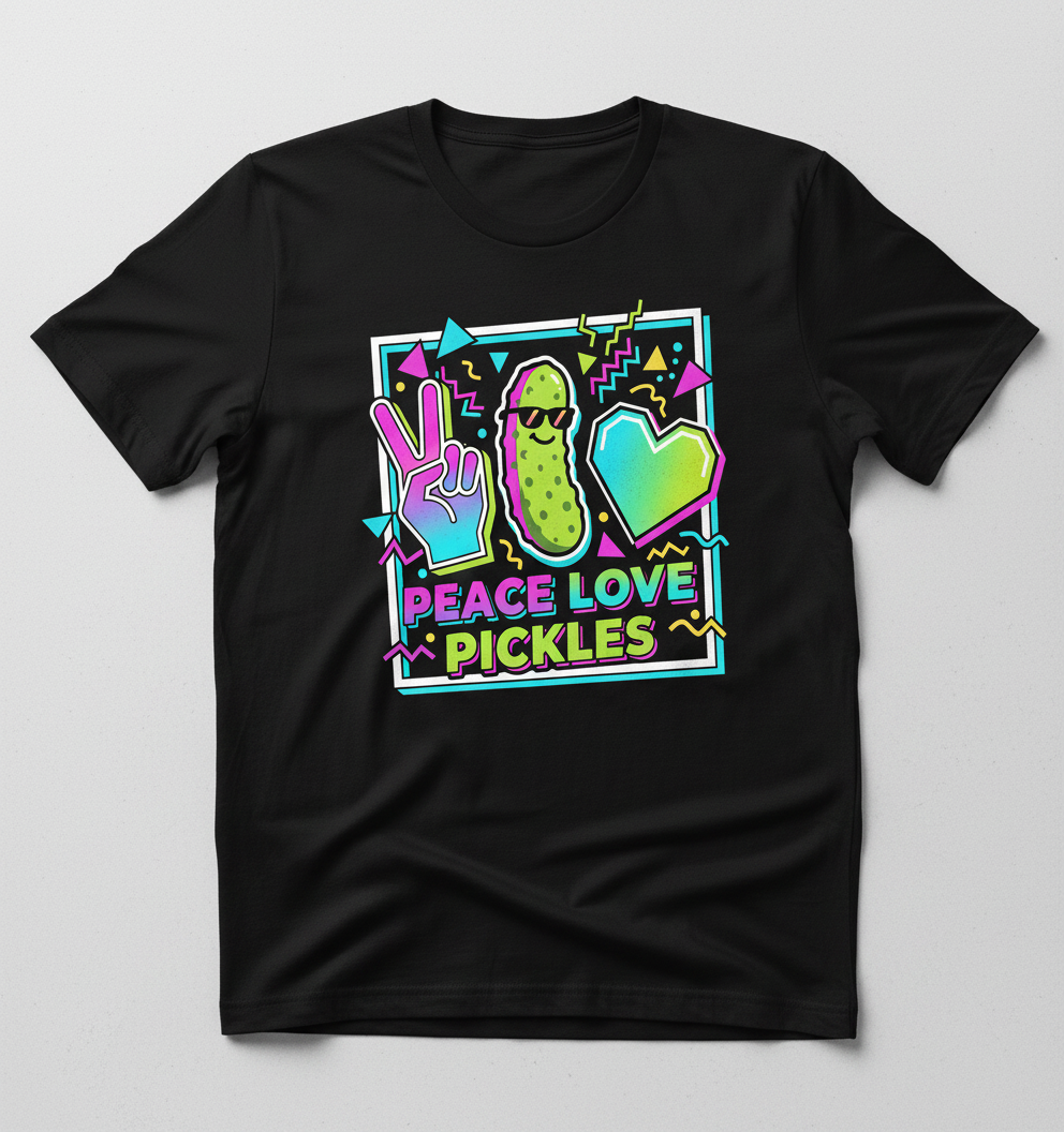 Peace Love Pickles Retro 80s 90s Style Design T-Shirt - Black