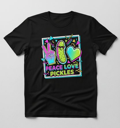 Peace Love Pickles Retro 80s 90s Style Design T-Shirt - Black