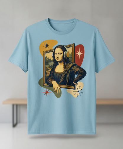 Mona Lisa Listening Retro Art Funny Parody T-Shirt - product mockup - Light Blue