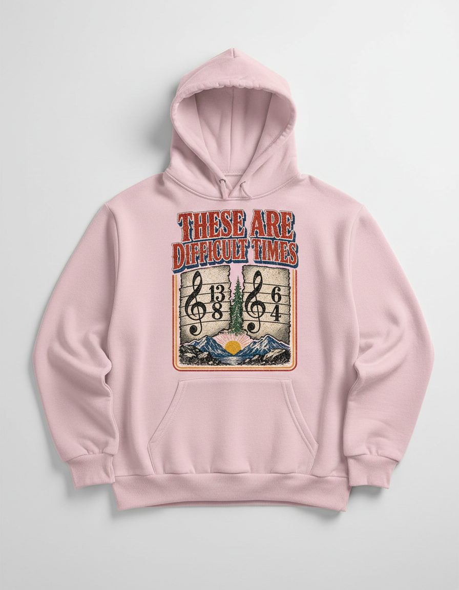 THESE ARE Difficult TIMES Funny Music Pun Hoodie - product mockup - Light Pink