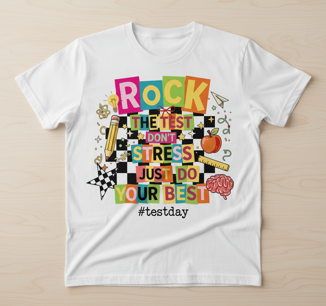 Rock The Test Don't Stress Just Do Your Best Motivational Design T-Shirt - White