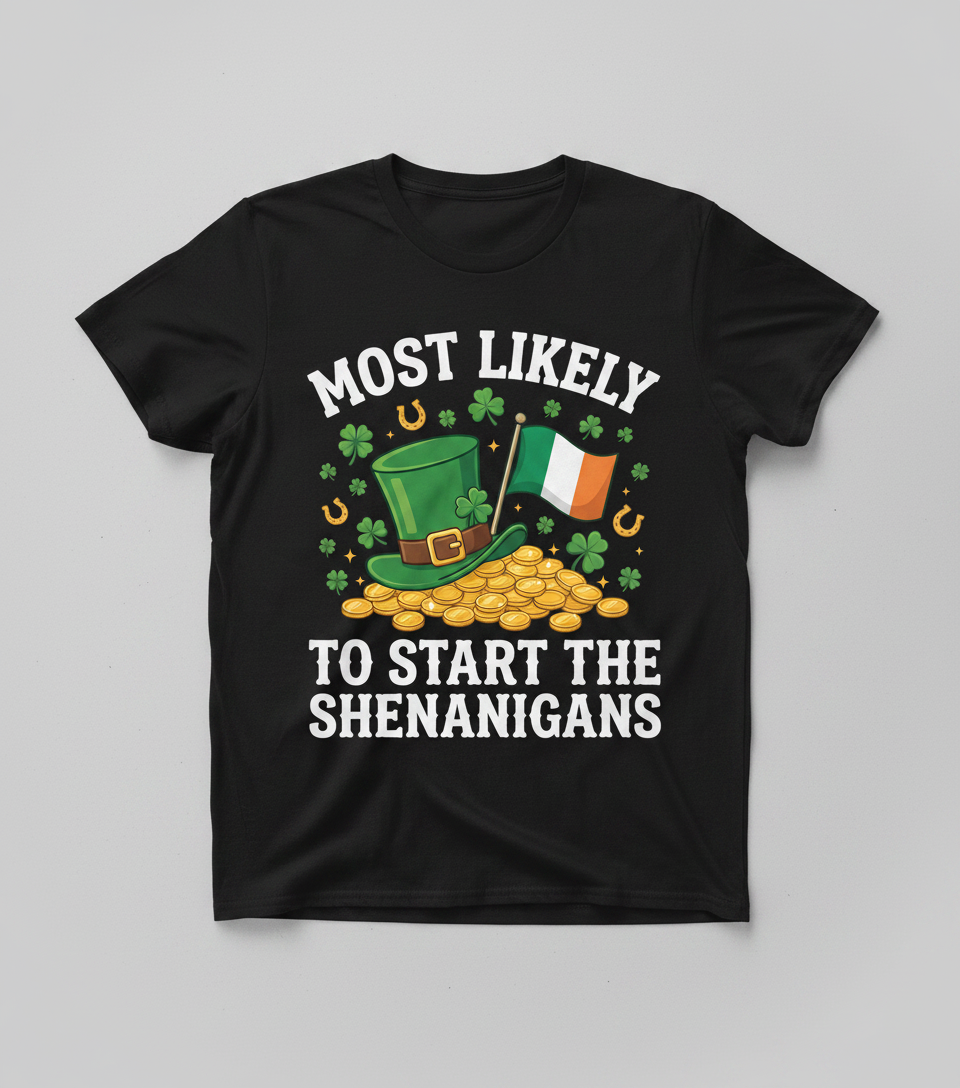 Most Likely To Start The Shenanigans St. Patrick's Day Design T-Shirt - Black