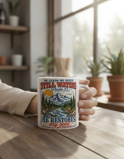 He Leads Me Beside Still Waters Psalm 23 He Restores My Soul White Mug - lifestyle model mockup - White