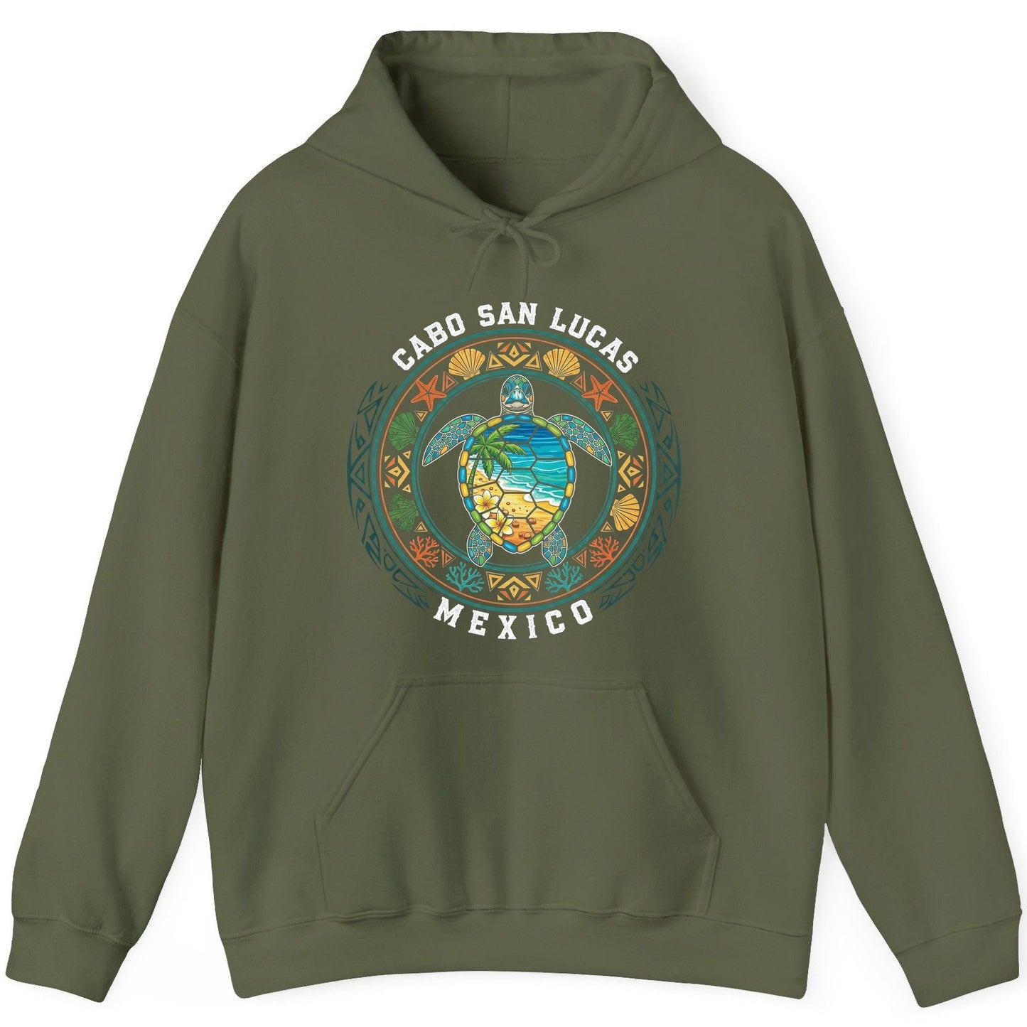 Cabo San Lucas Mexico sea turtle Hoodie Military Green product mockup