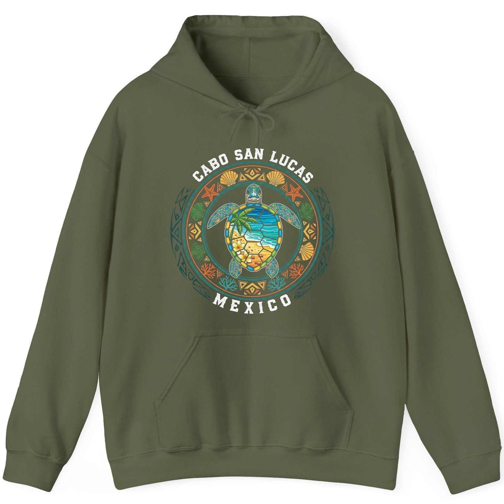 Cabo San Lucas Mexico sea turtle Hoodie Military Green product mockup