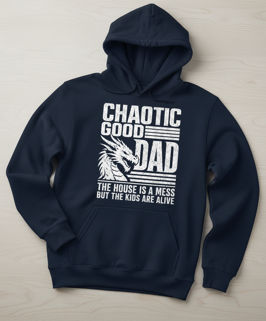 CHAOTIC GOOD DAD THE HOUSE IS A MESS BUT THE KIDS ARE ALIVE Funny Chaotic Good Dad Dragon Hoodie - product mockup - Navy