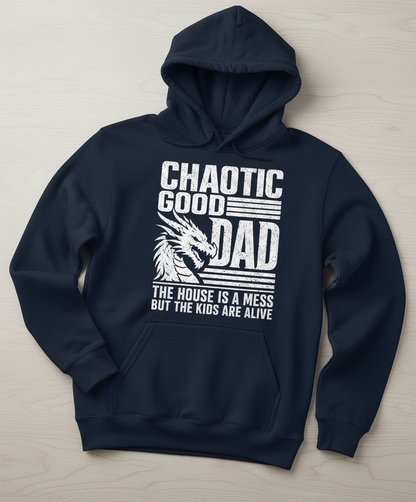 CHAOTIC GOOD DAD THE HOUSE IS A MESS BUT THE KIDS ARE ALIVE Funny Chaotic Good Dad Dragon Hoodie - product mockup - Navy