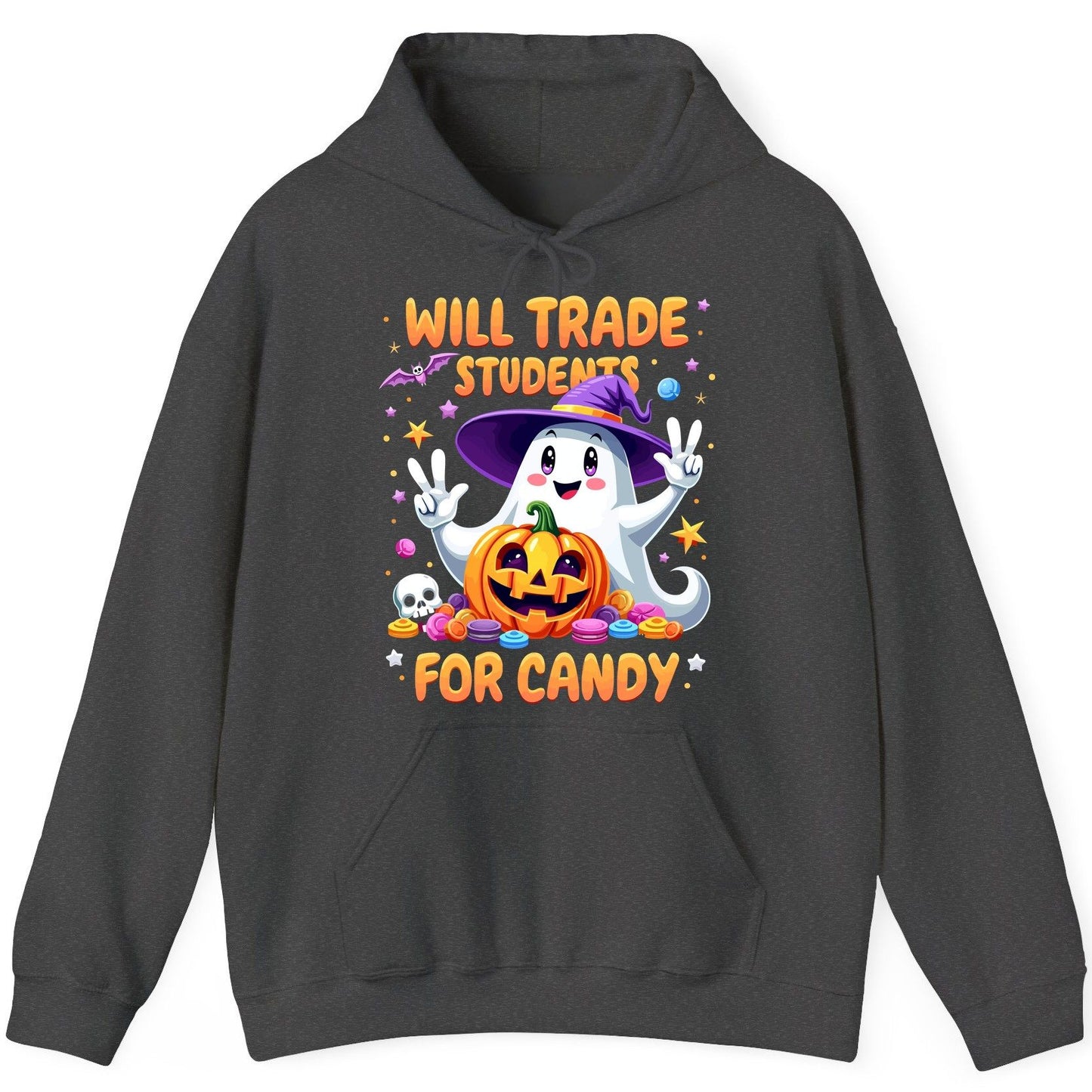 Will Trade Students for Candy teacher Halloween Hoodie Dark Heather product mockup